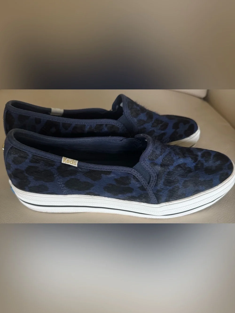 Keds x kate spade NY Triple Decker Navy Leopard Calf Hair Platform Slip-Ons Sz 9